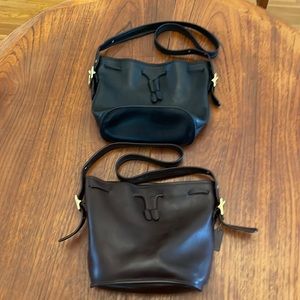 Lot of two Vintage Coach Drawstring Leather “Bucket” Bags Black & Dark Brown